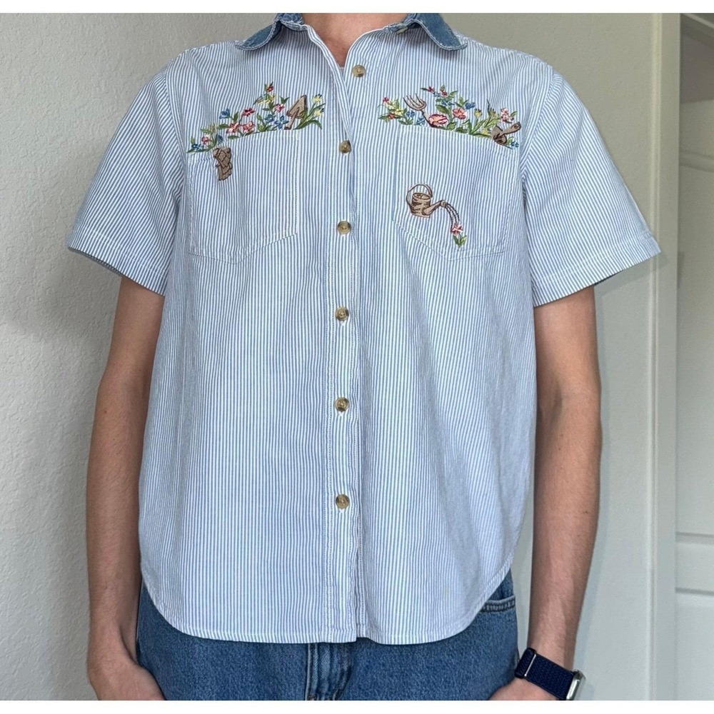 Cabin Creek‎ Embroidered Garden Button Down Shirt Blue Striped Denim Collar L